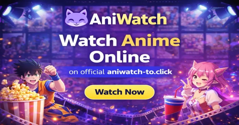 AniWatch banner showing “Watch Anime Online” with anime characters, popcorn, and a colorful streaming theme promoting aniwatch-to.click.